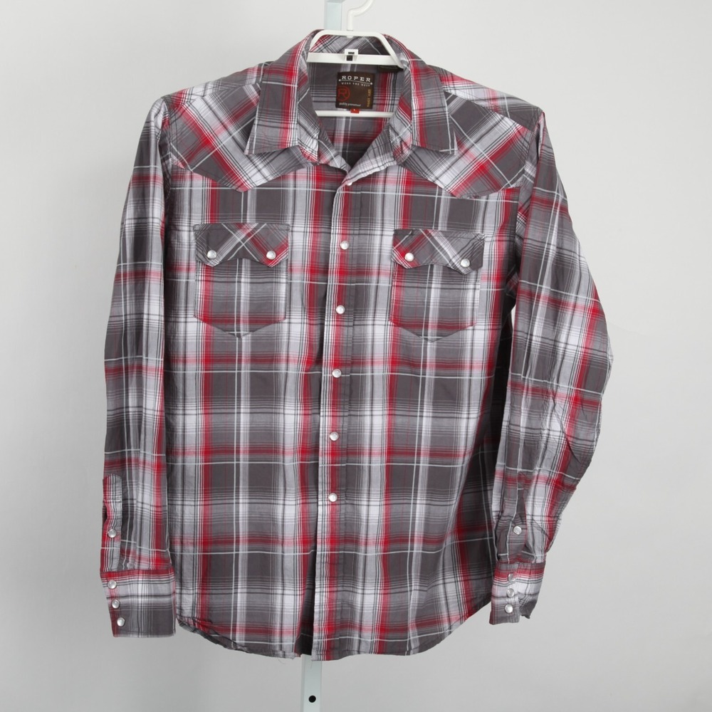 Roper Western Pearl Snap Shirt Mens Large Grey Red Plaid Long Sleeve - Picture 2 of 12